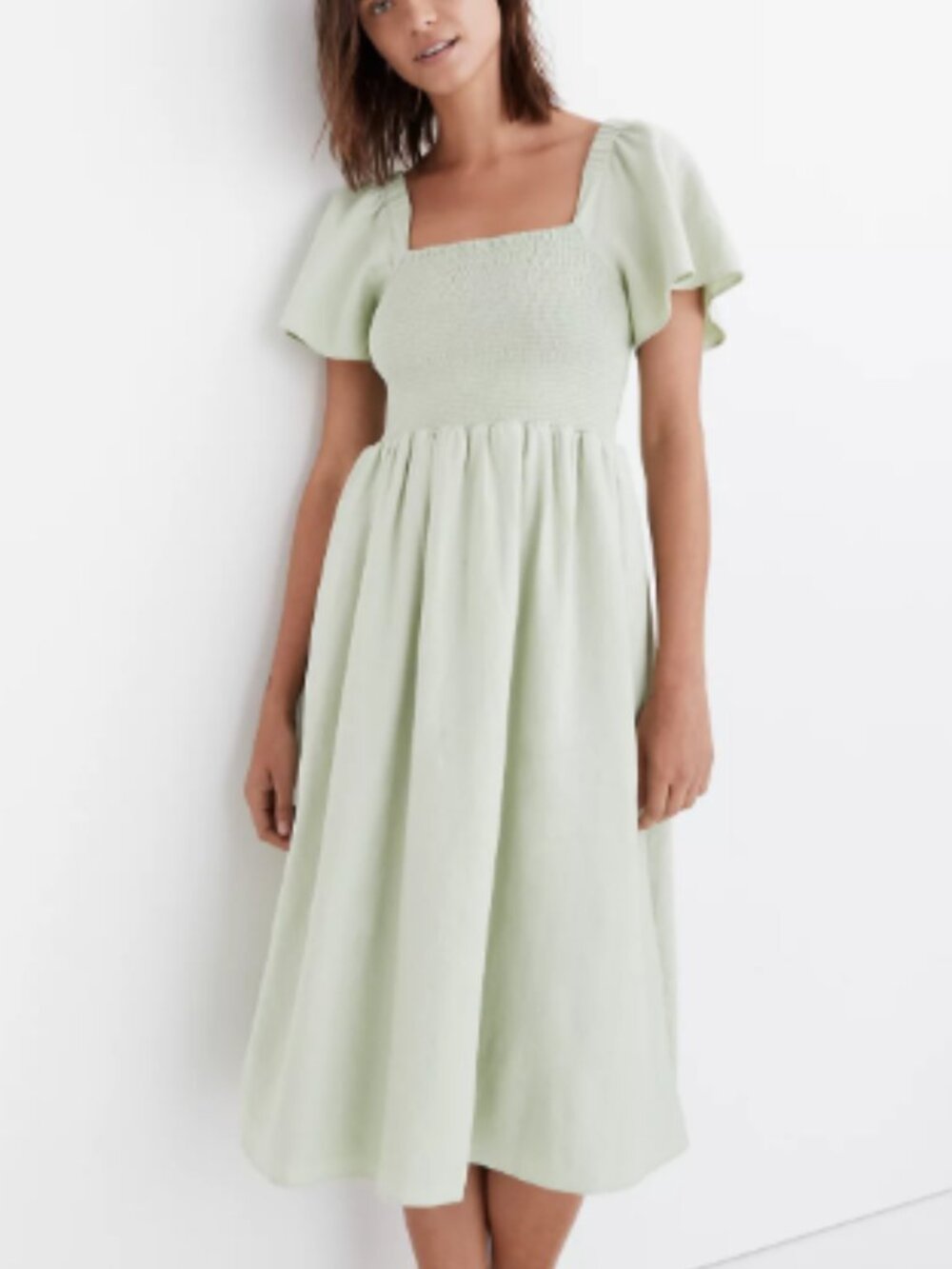 ✨ Madewell Lucie Linen-Blend Smocked Midi Dress in Sunfaded Mint Green Size L ✨